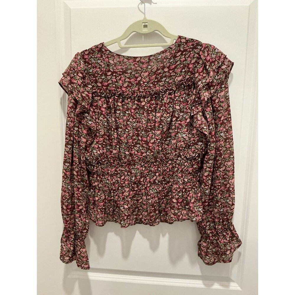 Entro Top Large Burgundy Long Sleeve Floral Print Ruffle Rouching - Picture 5 of 9